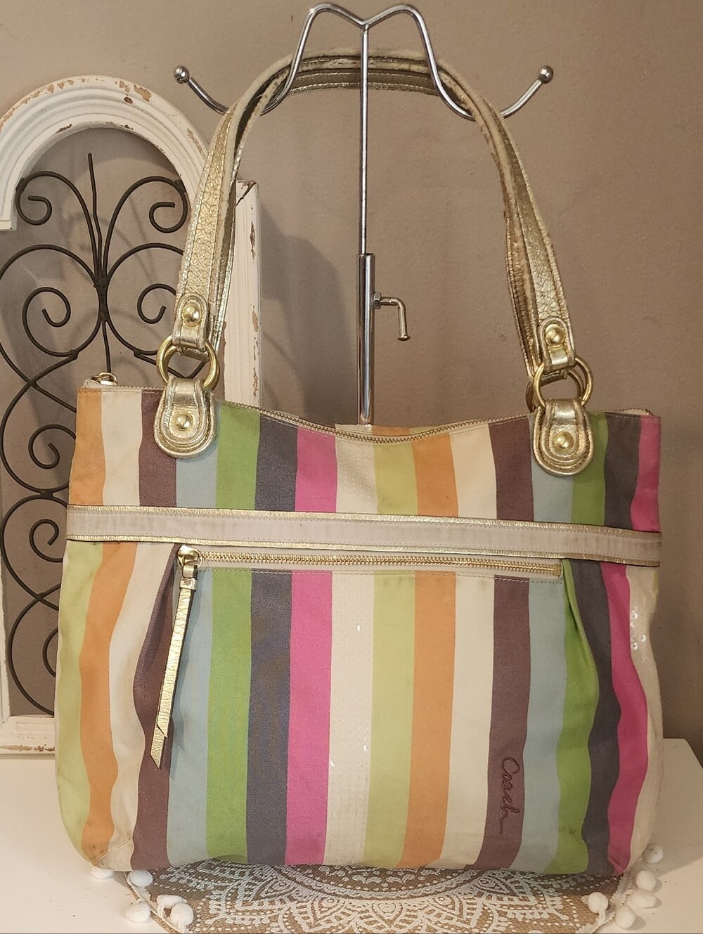Coach Poppy Glam Vintage Y2k Gold-Handle Multicolor Stripe Tote Bag